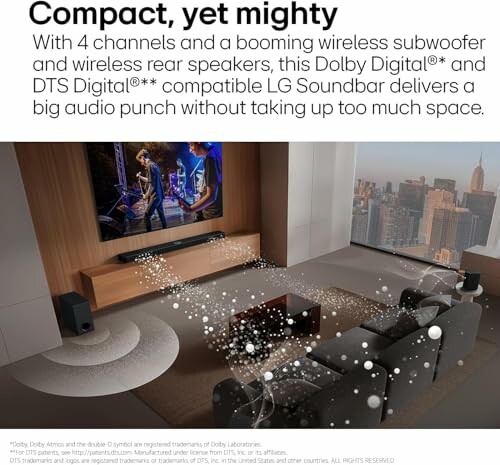 Living room with LG soundbar, wireless subwoofer and rear speakers, showcasing Dolby Digital and DTS sound.