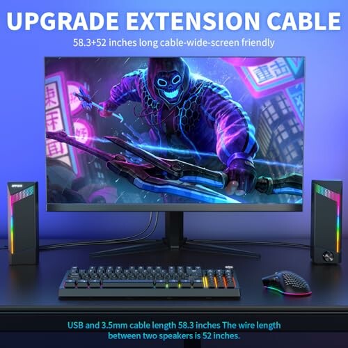 Gaming monitor setup with colorful lights and cables.
