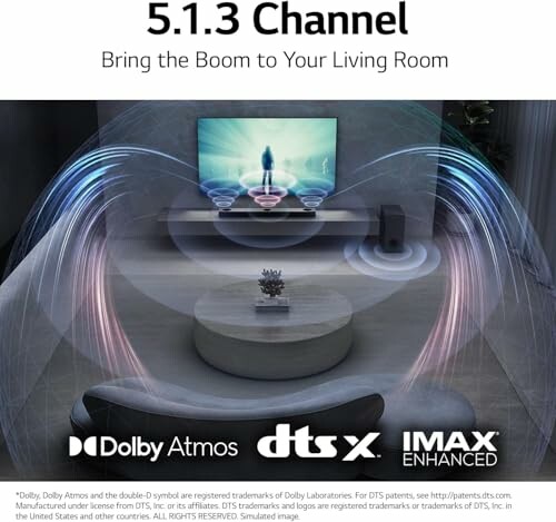 Illustration of a home audio system with Dolby Atmos, DTS:X, and IMAX Enhanced features.