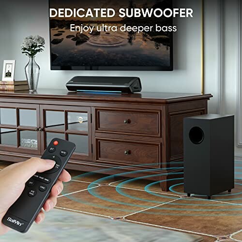 Living room with TV, soundbar, and subwoofer, remote control in hand.