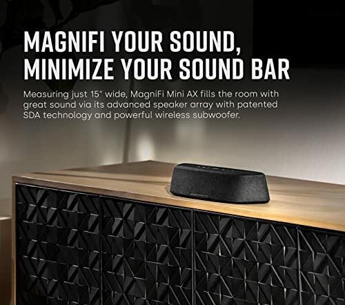 Polk Audio sound bar on a cabinet with text about sound quality.