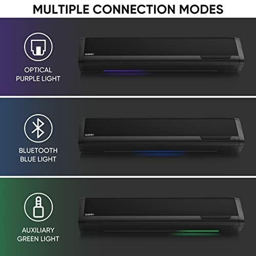 Soundbar with optical, Bluetooth, and auxiliary connection modes.