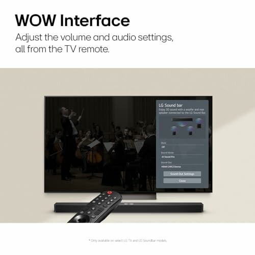 TV with soundbar and remote, showing audio settings interface.
