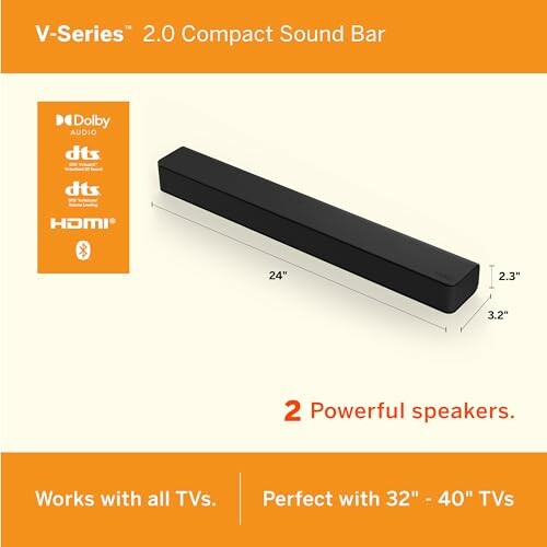 V-Series 2.0 Compact Sound Bar with dimensions and features.