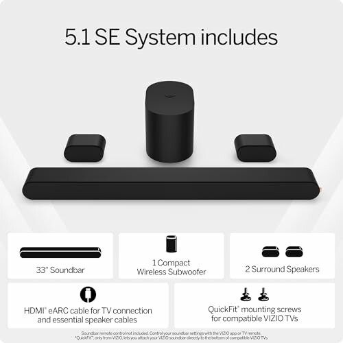 Vizio 5.1 SE sound system with soundbar, wireless subwoofer, and surround speakers.