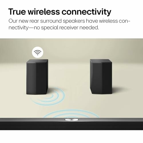 Wireless rear surround speakers with connectivity symbols.