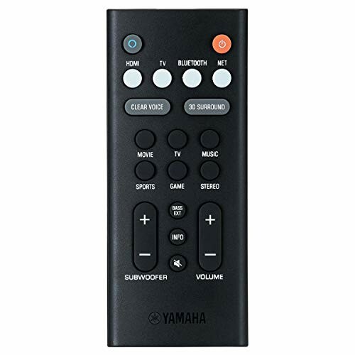 Yamaha soundbar remote control with various buttons for functions like HDMI, Bluetooth, and volume.